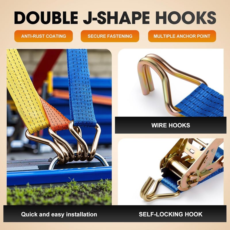 EVANCENT 2Pack Ratchet Straps Heavy Duty-2 Inch x 20 Feet(7,500lb Break Strength), Tie-Down Ratcheting with J-Hook Cargo Straps Tiedown Ratchet for Moving and Transports with Trailers, Pickup, Flatbed Trucks - Image 5